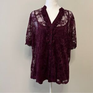 Women’s Size 16 Burgundy Tank Top with Lace T Shirt Overlay Dark Romantic *READ